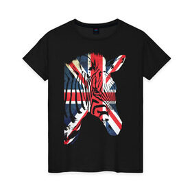 Женская футболка хлопок с принтом Британская зебра в Кировске, 100% хлопок | прямой крой, круглый вырез горловины, длина до линии бедер, слегка спущенное плечо | dtg | england | англия | британия | британский флаг | великобритания | животные | прикольные картинки