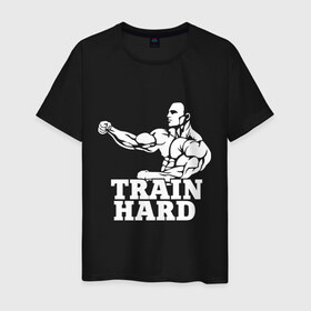Мужская футболка хлопок с принтом Train hard. в Кировске, 100% хлопок | прямой крой, круглый вырез горловины, длина до линии бедер, слегка спущенное плечо. | 