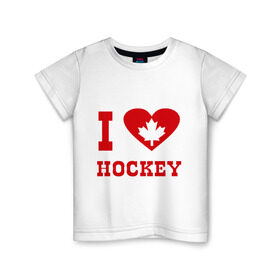 Детская футболка хлопок с принтом Я люблю канадский хоккей. в Кировске, 100% хлопок | круглый вырез горловины, полуприлегающий силуэт, длина до линии бедер | Тематика изображения на принте: hockey | i love hochey | канада | кленовые листья | спорт | хоккей | я люблю хоккей