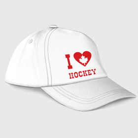 Бейсболка с принтом Я люблю канадский хоккей. в Кировске, 100% хлопок | классический козырек, металлическая застежка-регулятор размера | Тематика изображения на принте: hockey | i love hochey | канада | кленовые листья | спорт | хоккей | я люблю хоккей
