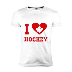 Мужская футболка премиум с принтом Я люблю канадский хоккей. в Кировске, 92% хлопок, 8% лайкра | приталенный силуэт, круглый вырез ворота, длина до линии бедра, короткий рукав | hockey | i love hochey | канада | кленовые листья | спорт | хоккей | я люблю хоккей