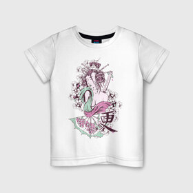 Детская футболка хлопок с принтом Японская гейша в Кировске, 100% хлопок | круглый вырез горловины, полуприлегающий силуэт, длина до линии бедер | Тематика изображения на принте: девушкам | для девушек | рисунок