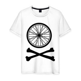 Мужская футболка хлопок с принтом Bicycle в Кировске, 100% хлопок | прямой крой, круглый вырез горловины, длина до линии бедер, слегка спущенное плечо. | bicycle | две кости | колесо | колесо от велосипеда | кости | кости с колесом | перекошенные кости