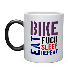 Кружка хамелеон с принтом Bike eat sleep repeat в Кировске, керамика | меняет цвет при нагревании, емкость 330 мл | bicycle | bike | bike eat sleep repeat | eat | repeat | sleep | велик | велосипед | велосипедист
