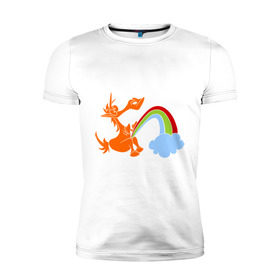 Мужская футболка премиум с принтом Писающий единорог в Кировске, 92% хлопок, 8% лайкра | приталенный силуэт, круглый вырез ворота, длина до линии бедра, короткий рукав | unicorn | единорог | единорог и радуга | облако с радугой | прикольный единорог | радуга | радуга из единорога