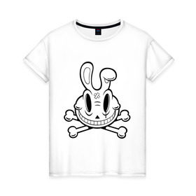 Женская футболка хлопок с принтом Улыбающийся кролик. в Кировске, 100% хлопок | прямой крой, круглый вырез горловины, длина до линии бедер, слегка спущенное плечо | животные | кости | скелетон | черепок | черепушка