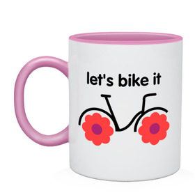 Кружка двухцветная с принтом Цветочный велик в Кировске, керамика | объем — 330 мл, диаметр — 80 мм. Цветная ручка и кайма сверху, в некоторых цветах — вся внутренняя часть | bike | lets bike it | ride | байк | велик | велогонщик | велопробег | велосипед | велосипедист | велоспорт | кататься | прокатись | цветок | цветы