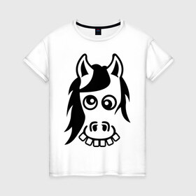 Женская футболка хлопок с принтом Funny Horse в Кировске, 100% хлопок | прямой крой, круглый вырез горловины, длина до линии бедер, слегка спущенное плечо | животные | зубы | конь | коняшка | лошадка | лошадь