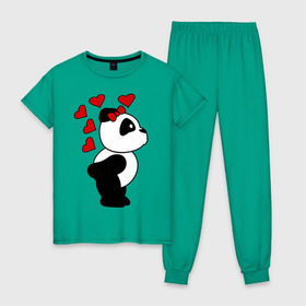 Женская пижама хлопок с принтом Поцелуй панды (парная) в Кировске, 100% хлопок | брюки и футболка прямого кроя, без карманов, на брюках мягкая резинка на поясе и по низу штанин | панда