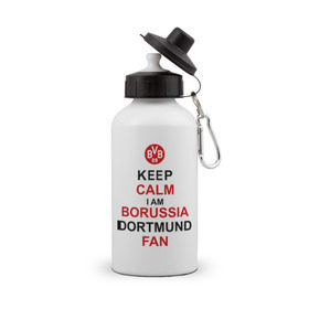 Бутылка спортивная с принтом keep calm i am Borussia Dortmund fan в Кировске, металл | емкость — 500 мл, в комплекте две пластиковые крышки и карабин для крепления | football | болельщикам | борусия | боруссия | спорт | фк | футбольнsй клуб | футбольные