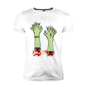 Мужская футболка премиум с принтом Руки зомби в Кировске, 92% хлопок, 8% лайкра | приталенный силуэт, круглый вырез ворота, длина до линии бедра, короткий рукав | Тематика изображения на принте: halloween