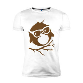 Мужская футболка премиум с принтом Совёнок в очках. в Кировске, 92% хлопок, 8% лайкра | приталенный силуэт, круглый вырез ворота, длина до линии бедра, короткий рукав | сова