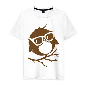 Мужская футболка хлопок с принтом Совёнок в очках. в Кировске, 100% хлопок | прямой крой, круглый вырез горловины, длина до линии бедер, слегка спущенное плечо. | сова