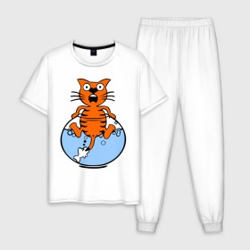 Мужская пижама хлопок с принтом Кот в аквариуме в Кировске, 100% хлопок | брюки и футболка прямого кроя, без карманов, на брюках мягкая резинка на поясе и по низу штанин
 | cat | испуганный кот | кот в воде | рыба за хвост | смешной кот