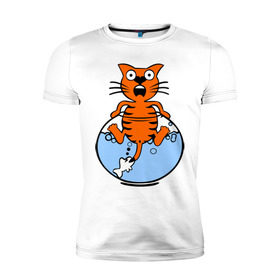 Мужская футболка премиум с принтом Кот в аквариуме в Кировске, 92% хлопок, 8% лайкра | приталенный силуэт, круглый вырез ворота, длина до линии бедра, короткий рукав | cat | испуганный кот | кот в воде | рыба за хвост | смешной кот