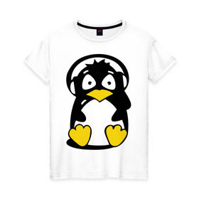 Женская футболка хлопок с принтом Пингвин в наушниках в Кировске, 100% хлопок | прямой крой, круглый вырез горловины, длина до линии бедер, слегка спущенное плечо | Тематика изображения на принте: животные | пингвиненок | пингвинчик | прикольные картинки