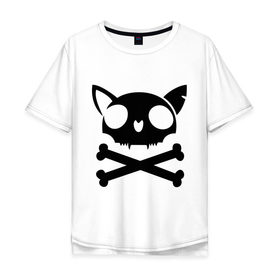 Мужская футболка хлопок Oversize с принтом кошачий пиратскй флаг в Кировске, 100% хлопок | свободный крой, круглый ворот, “спинка” длиннее передней части | кости | кошачий пиратский флаг | пиратский флаг | череп | череп кошки