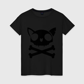 Женская футболка хлопок с принтом кошачий пиратскй флаг в Кировске, 100% хлопок | прямой крой, круглый вырез горловины, длина до линии бедер, слегка спущенное плечо | кости | кошачий пиратский флаг | пиратский флаг | череп | череп кошки