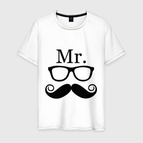 Мужская футболка хлопок с принтом Mистер (парная) в Кировске, 100% хлопок | прямой крой, круглый вырез горловины, длина до линии бедер, слегка спущенное плечо. | mr | mистер | для двоих | очки | усы