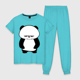 Женская пижама хлопок с принтом Серьезная панда. в Кировске, 100% хлопок | брюки и футболка прямого кроя, без карманов, на брюках мягкая резинка на поясе и по низу штанин | панда