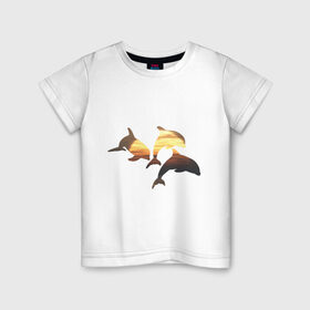 Детская футболка хлопок с принтом Дельфины на закате (2) в Кировске, 100% хлопок | круглый вырез горловины, полуприлегающий силуэт, длина до линии бедер | дельфин | дельфины | дельфины на закате | закат | красивые дельфины | рыбы