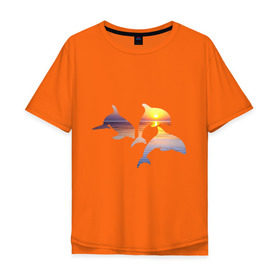 Мужская футболка хлопок Oversize с принтом Дельфины на закате в Кировске, 100% хлопок | свободный крой, круглый ворот, “спинка” длиннее передней части | дельфин | дельфины | дельфины на закате | закат | красивые дельфины | рыбы