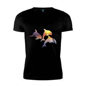 Мужская футболка премиум с принтом Дельфины на закате в Кировске, 92% хлопок, 8% лайкра | приталенный силуэт, круглый вырез ворота, длина до линии бедра, короткий рукав | дельфин | дельфины | дельфины на закате | закат | красивые дельфины | рыбы