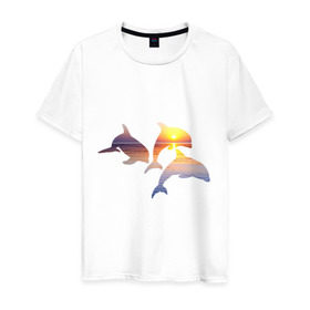 Мужская футболка хлопок с принтом Дельфины на закате в Кировске, 100% хлопок | прямой крой, круглый вырез горловины, длина до линии бедер, слегка спущенное плечо. | дельфин | дельфины | дельфины на закате | закат | красивые дельфины | рыбы