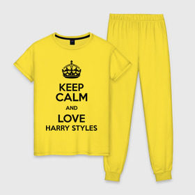 Женская пижама хлопок с принтом Keep calm and love Harry Styles в Кировске, 100% хлопок | брюки и футболка прямого кроя, без карманов, на брюках мягкая резинка на поясе и по низу штанин | Тематика изображения на принте: 1d | harry styles | keep calm | music | one direction | гарри стайлс
