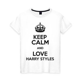 Женская футболка хлопок с принтом Keep calm and love Harry Styles в Кировске, 100% хлопок | прямой крой, круглый вырез горловины, длина до линии бедер, слегка спущенное плечо | 1d | harry styles | keep calm | music | one direction | гарри стайлс