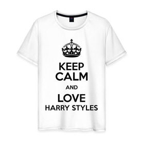 Мужская футболка хлопок с принтом Keep calm and love Harry Styles в Кировске, 100% хлопок | прямой крой, круглый вырез горловины, длина до линии бедер, слегка спущенное плечо. | 1d | harry styles | keep calm | music | one direction | гарри стайлс