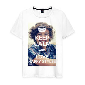 Мужская футболка хлопок с принтом Keep calm and love Harry Styles в Кировске, 100% хлопок | прямой крой, круглый вырез горловины, длина до линии бедер, слегка спущенное плечо. | Тематика изображения на принте: 1d | harry styles | keep calm | music | one direction | гарри стайлс