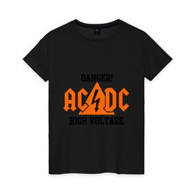 Женская футболка хлопок с принтом ADCD high voltage в Кировске, 100% хлопок | прямой крой, круглый вырез горловины, длина до линии бедер, слегка спущенное плечо | acdc | rock | блюз рок | рок | рок группа | рок н ролл | хард рок | эйсидиси