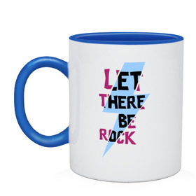 Кружка двухцветная с принтом Let there be rock в Кировске, керамика | объем — 330 мл, диаметр — 80 мм. Цветная ручка и кайма сверху, в некоторых цветах — вся внутренняя часть | acdc | rock | блюз рок | рок | рок группа | рок н ролл | хард рок | эйсидиси