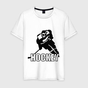 Мужская футболка хлопок с принтом Hockey (Хоккей) в Кировске, 100% хлопок | прямой крой, круглый вырез горловины, длина до линии бедер, слегка спущенное плечо. | спорт | спортсмен | хокеист | хокей | хоккеист | шайба