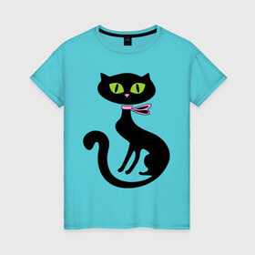 Женская футболка хлопок с принтом Милая кошечка в Кировске, 100% хлопок | прямой крой, круглый вырез горловины, длина до линии бедер, слегка спущенное плечо | зеленые глаза | кошечка | кошка | черная кошка