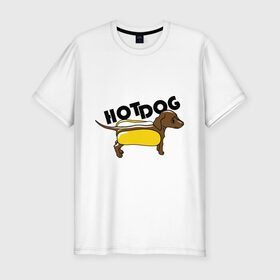 Мужская футболка премиум с принтом Hot dog в Кировске, 92% хлопок, 8% лайкра | приталенный силуэт, круглый вырез ворота, длина до линии бедра, короткий рукав | Тематика изображения на принте: hot dog | булка | собака | собачка | хот дог