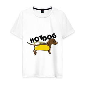 Мужская футболка хлопок с принтом Hot dog в Кировске, 100% хлопок | прямой крой, круглый вырез горловины, длина до линии бедер, слегка спущенное плечо. | Тематика изображения на принте: hot dog | булка | собака | собачка | хот дог
