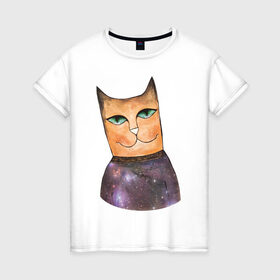 Женская футболка хлопок с принтом кот-космос в Кировске, 100% хлопок | прямой крой, круглый вырез горловины, длина до линии бедер, слегка спущенное плечо | cat | cute | space | космос | кот | котейка | котик | мило