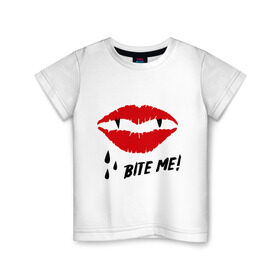 Детская футболка хлопок с принтом Bite me! в Кировске, 100% хлопок | круглый вырез горловины, полуприлегающий силуэт, длина до линии бедер | Тематика изображения на принте: вампир | укуси меня