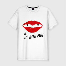 Мужская футболка премиум с принтом Bite me! в Кировске, 92% хлопок, 8% лайкра | приталенный силуэт, круглый вырез ворота, длина до линии бедра, короткий рукав | вампир | укуси меня