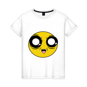 Женская футболка хлопок с принтом Чекнутый смайл в Кировске, 100% хлопок | прямой крой, круглый вырез горловины, длина до линии бедер, слегка спущенное плечо | глазастик | жёлтый | прикол | смайлик