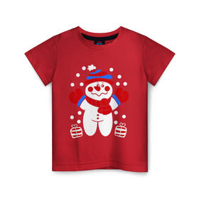 Детская футболка хлопок с принтом Снеговик в снегу в Кировске, 100% хлопок | круглый вырез горловины, полуприлегающий силуэт, длина до линии бедер | Тематика изображения на принте: новый год | снеговик