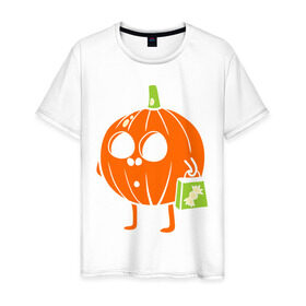 Мужская футболка хлопок с принтом Тыква с пакетом в Кировске, 100% хлопок | прямой крой, круглый вырез горловины, длина до линии бедер, слегка спущенное плечо. | halloween | конфета | пакет | тыква | тыква с пакетом | тыковка | хэллоуин