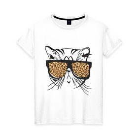 Женская футболка хлопок с принтом Кот в очках в Кировске, 100% хлопок | прямой крой, круглый вырез горловины, длина до линии бедер, слегка спущенное плечо | swag | киса | кот | кот в очках | кошка | кошка в очках | леопардовые очки | очки | сваг | усы