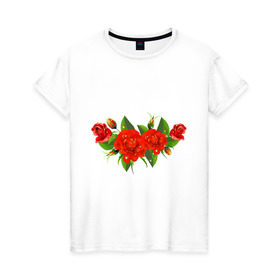 Женская футболка хлопок с принтом Розы на пояснице в Кировске, 100% хлопок | прямой крой, круглый вырез горловины, длина до линии бедер, слегка спущенное плечо | девушкам | розы | украшение | цветы