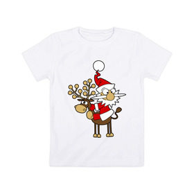 Детская футболка хлопок с принтом Санта на олене. в Кировске, 100% хлопок | круглый вырез горловины, полуприлегающий силуэт, длина до линии бедер | happy | happy new year | new year | santa | santa clows | олень | рудольф | санта | санта клаус