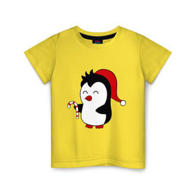 Детская футболка хлопок с принтом Новогодний пингвин. в Кировске, 100% хлопок | круглый вырез горловины, полуприлегающий силуэт, длина до линии бедер | пингвин