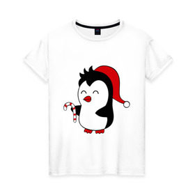 Женская футболка хлопок с принтом Новогодний пингвин. в Кировске, 100% хлопок | прямой крой, круглый вырез горловины, длина до линии бедер, слегка спущенное плечо | пингвин