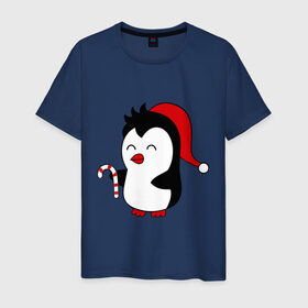 Мужская футболка хлопок с принтом Новогодний пингвин. в Кировске, 100% хлопок | прямой крой, круглый вырез горловины, длина до линии бедер, слегка спущенное плечо. | пингвин